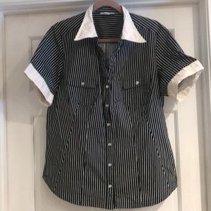 Short sleeve black & white/ivory striped blouse